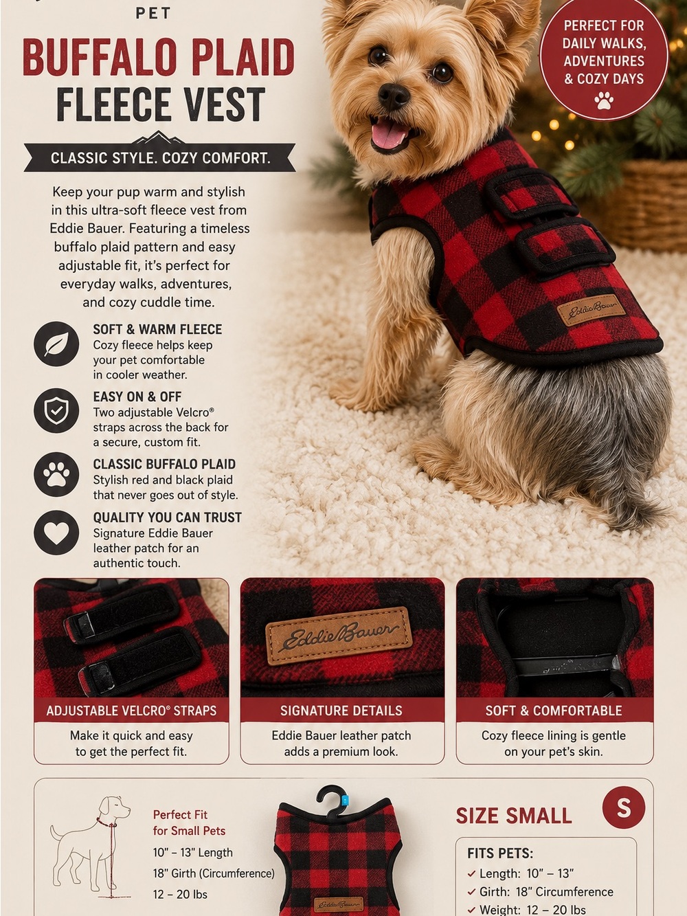 Eddie Bauer Red & Black Buffalo Plaid Dog Fleece Vest